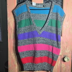VINTAGE Gitano Womens Medium‎ Rainbow Striped Sweater Vest Gray Primary Stripes